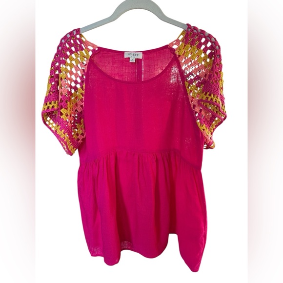Umgee Linen Crochet Sleeve Top Boho Peasant Pink Medium Festival Artsy Coastal - Picture 2 of 5